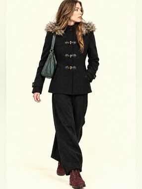 OUTER CAGE🐞Duffle Grey Pea Coat with Fur Collar Hoodie Sz: M